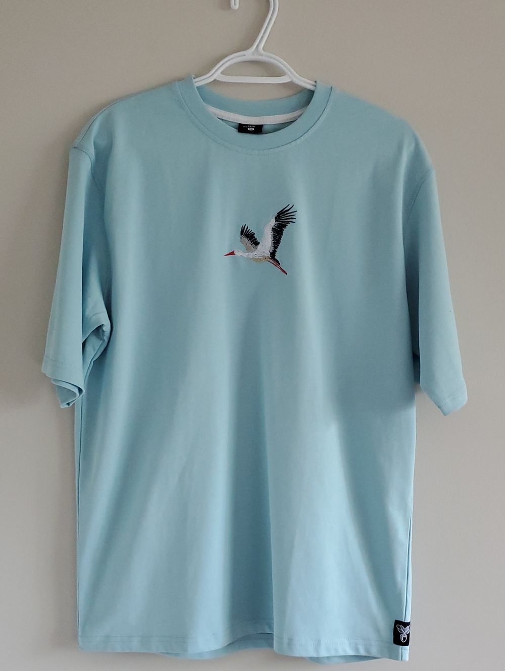 LSTR ADZIENNIE Baby Blue Stork Embroydered Cotton Tee T-Shirt Sz M Europe Birds